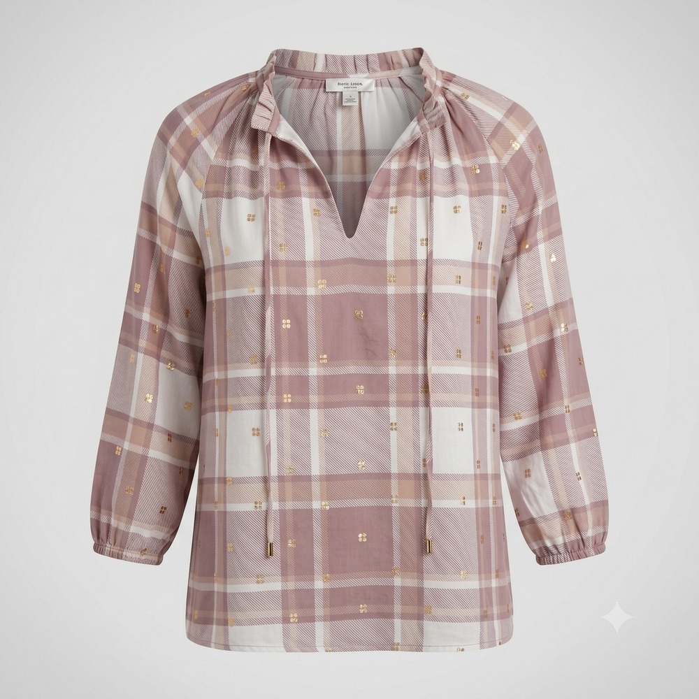 Harve Benard Womens S Mauve Plaid Blouse HBW706 Gold Foil Peasant Top Tie Neck